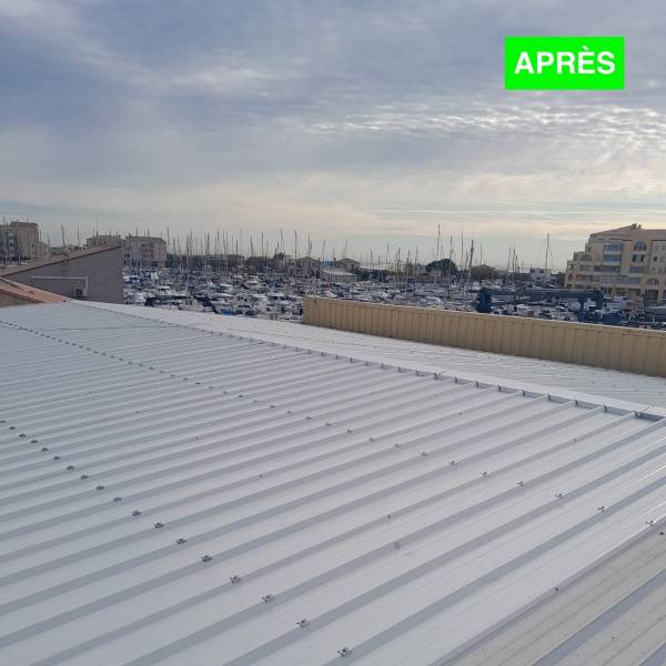 Réfection d'une toiture métallique en bac acier au port de Frontignan dans l'Hérault par un couvreur